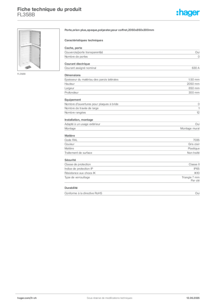 Image Hager Fiche technique du produit FL358B | Hager Suisse