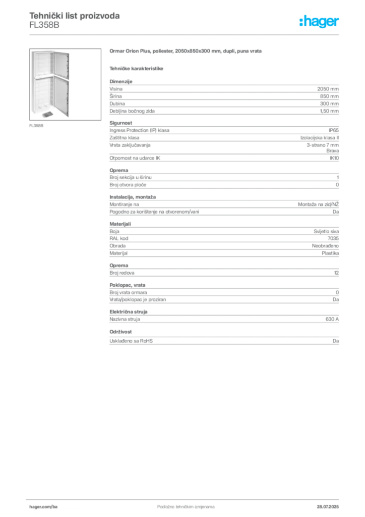 Slika Hager Product data sheet FL358B  | Hager