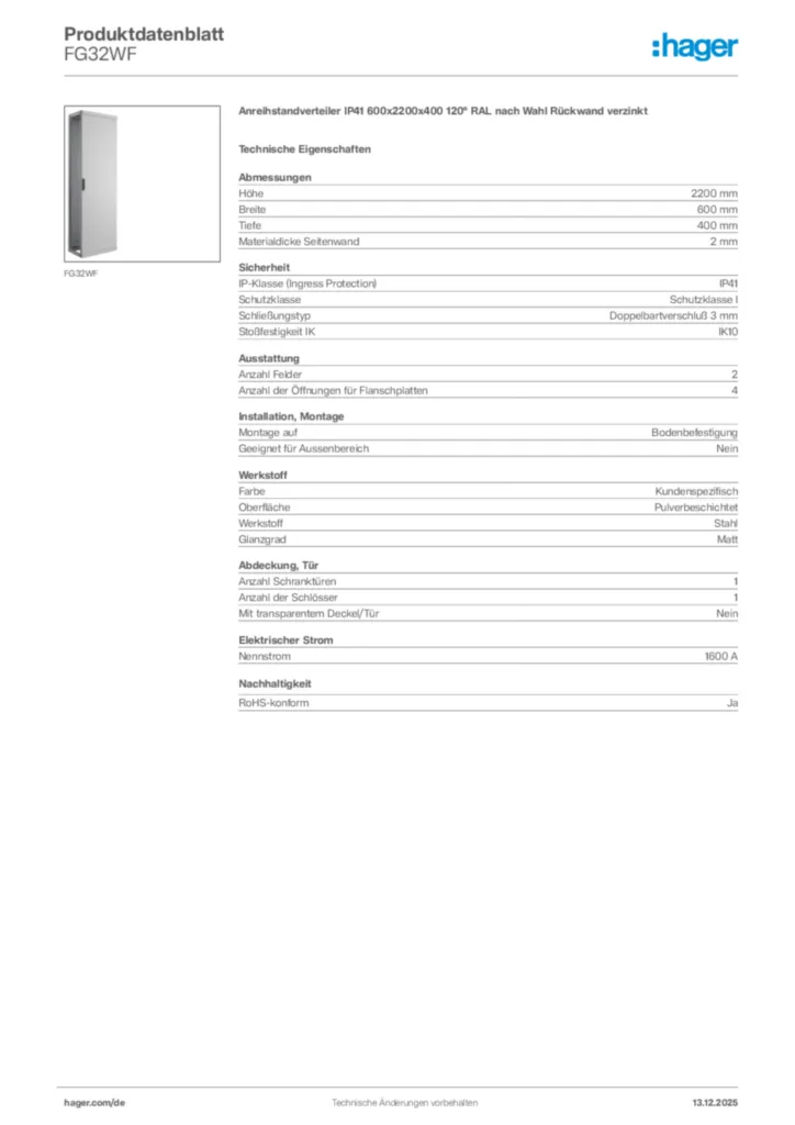 Bild Hager Produktdatenblatt FG32WF | Hager Deutschland