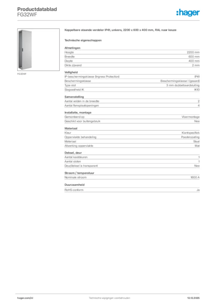 Afbeelding Hager Productdatablad FG32WF | Hager Nederland