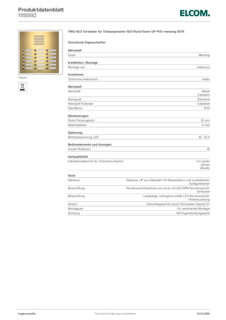 Bild Elcom Produktdatenblatt 1118892 | Hager Deutschland