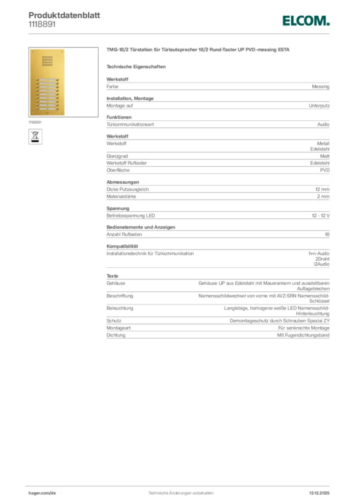 Bild Elcom Produktdatenblatt 1118891 | Hager Deutschland
