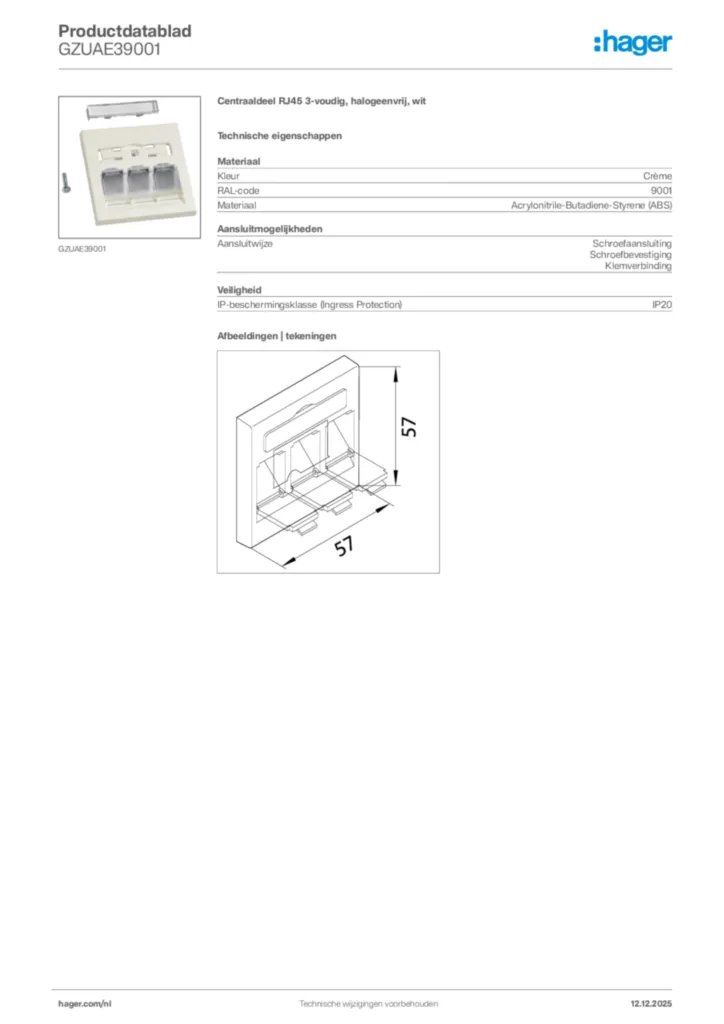 Afbeelding Hager Productdatablad GZUAE39001 | Hager Nederland