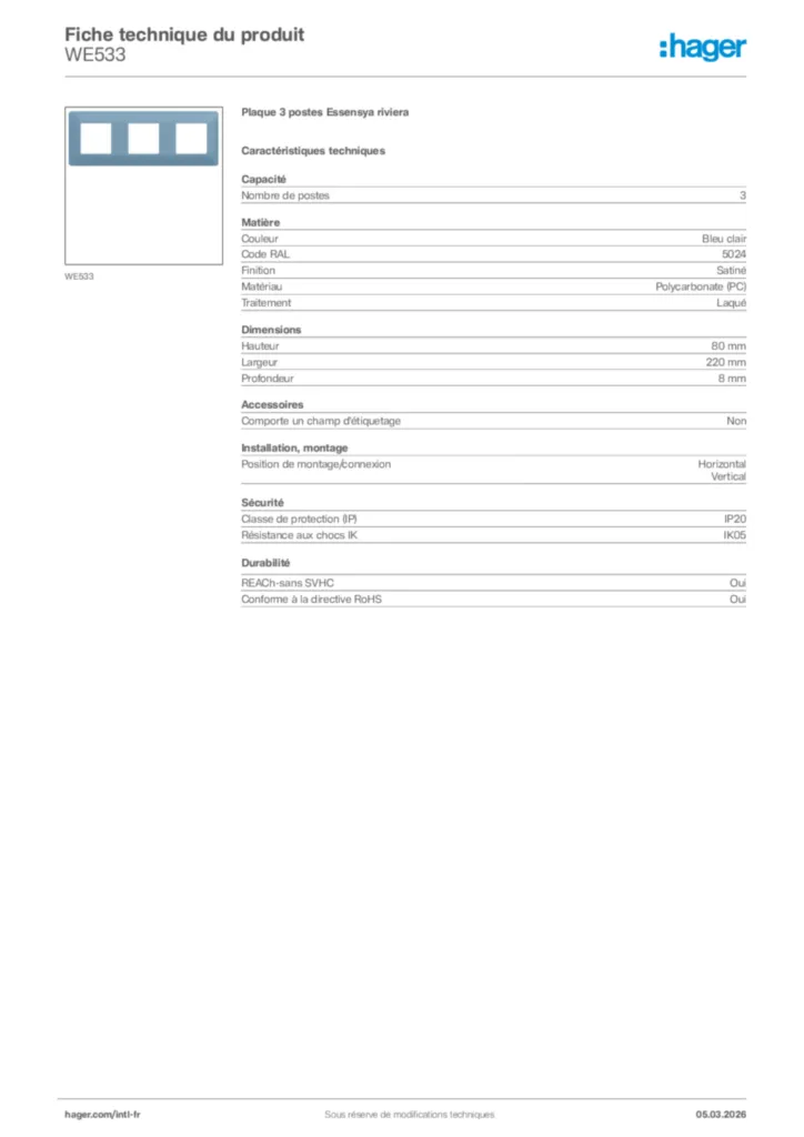 Image Hager Fiche technique du produit WE533 | Hager Afrique