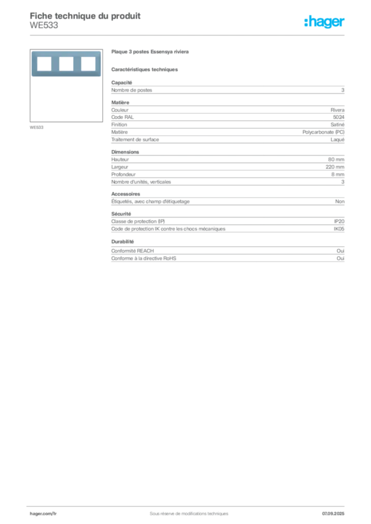 Image Hager Fiche technique du produit WE533 | Hager France
