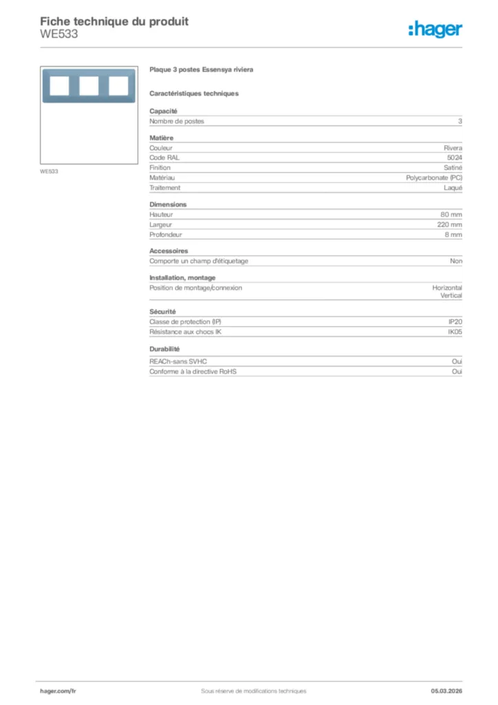 Image Hager Fiche technique du produit WE533 | Hager France