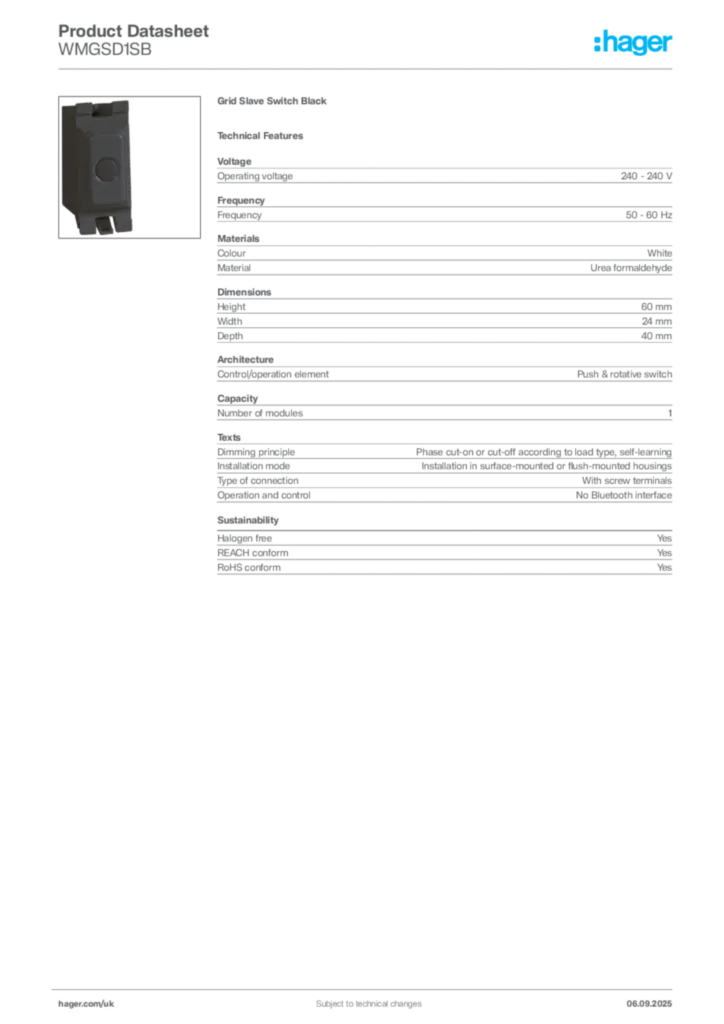 Image Hager Product data sheet WMGSD1SB  | Hager