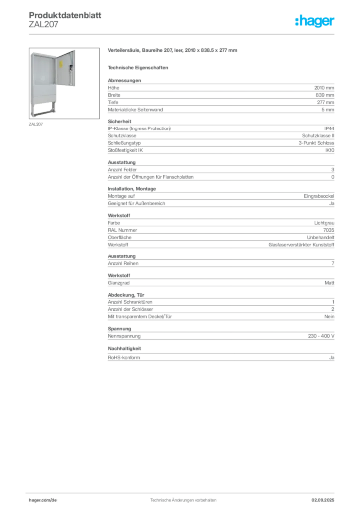 Hager Produktdatenblatt ZAL207
