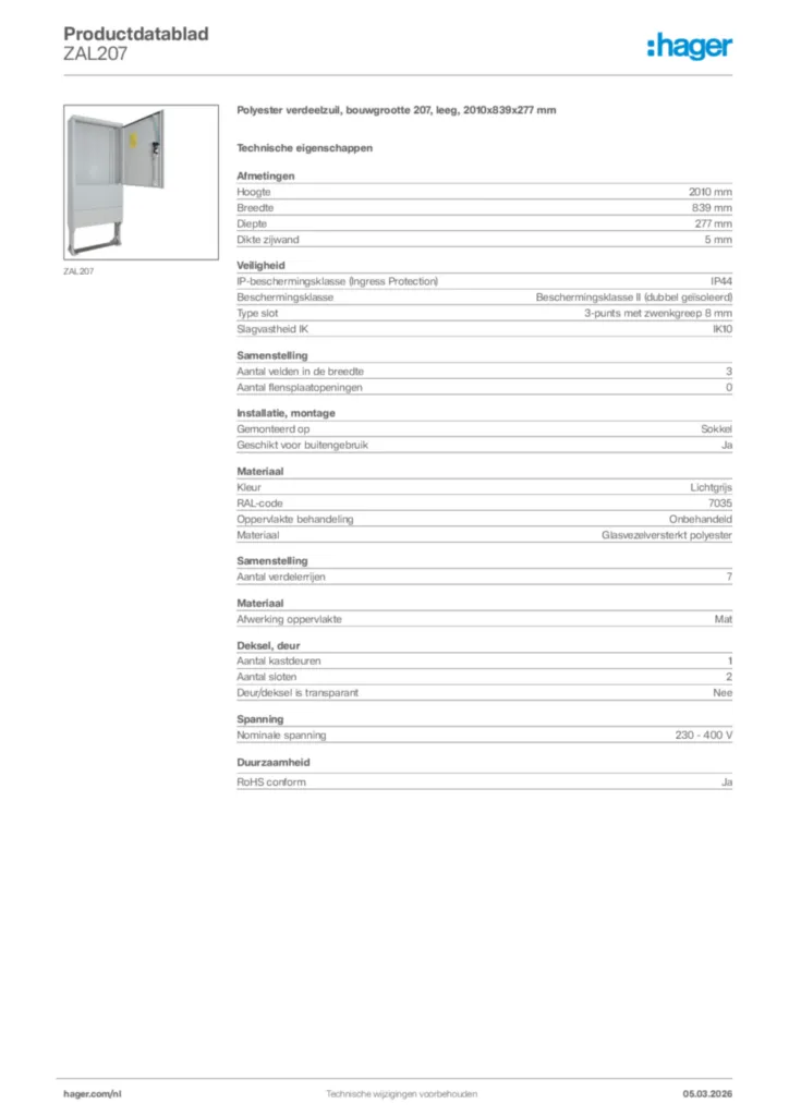 Afbeelding Hager Productdatablad ZAL207 | Hager Nederland