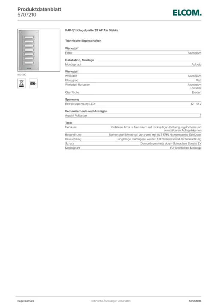Bild Elcom Produktdatenblatt 5707210 | Hager Deutschland