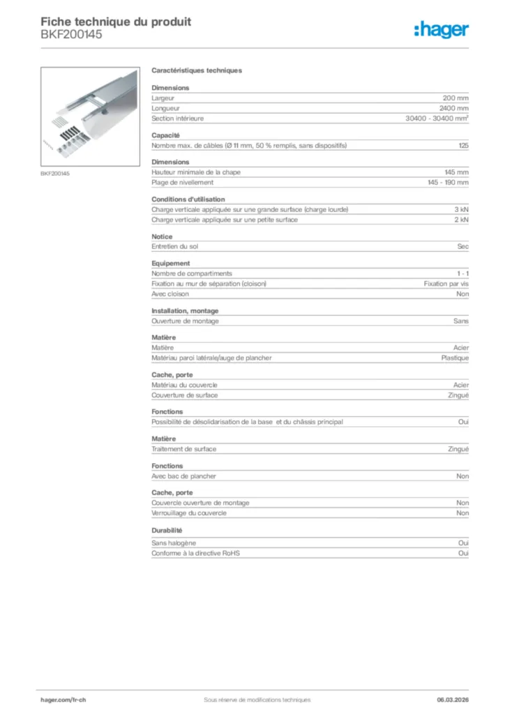 Image Hager Fiche technique du produit BKF200145 | Hager Suisse