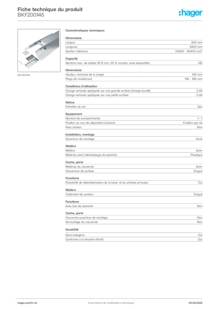 Image Hager Fiche technique du produit BKF200145 | Hager Suisse