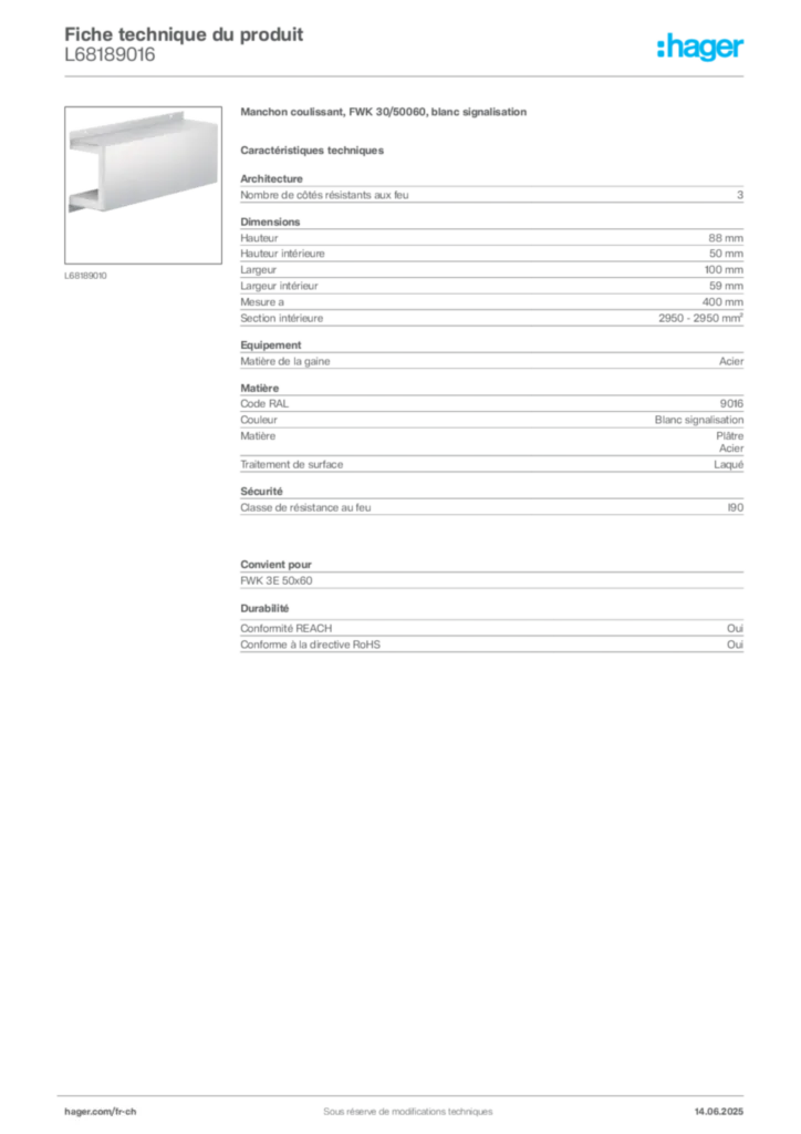 Image Hager Fiche technique du produit L68189016 | Hager Suisse
