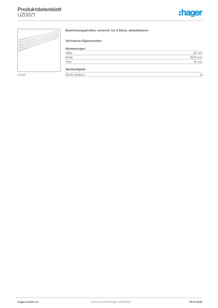 Bild Hager Produktdatenblatt UZ08Z1 | Hager Schweiz