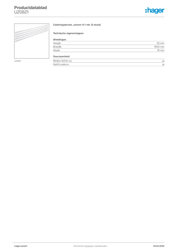 Afbeelding Hager Productdatablad UZ08Z1 | Hager Nederland