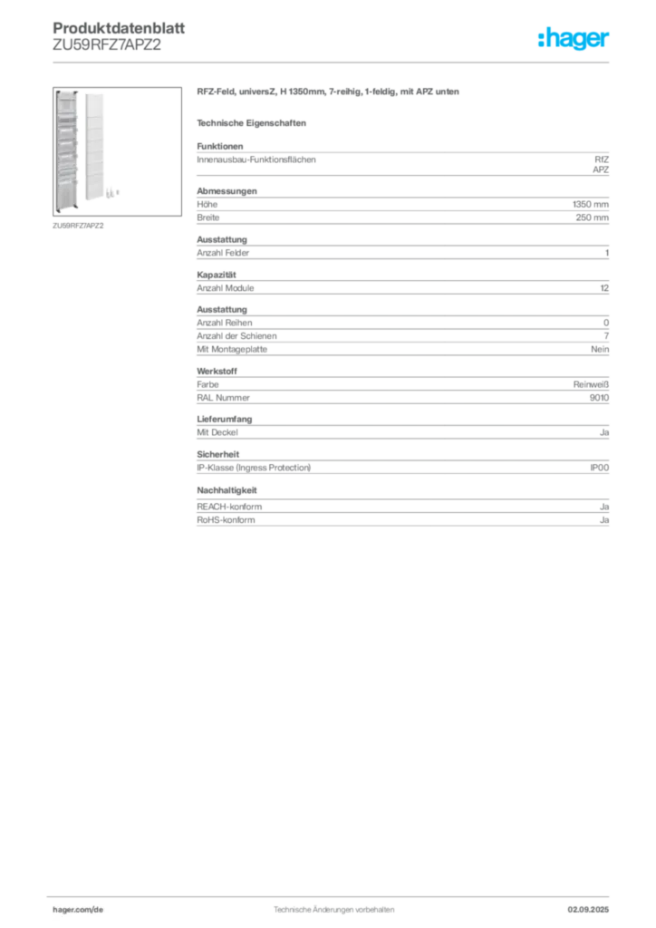 Bild Hager Produktdatenblatt ZU59RFZ7APZ2 | Hager Deutschland