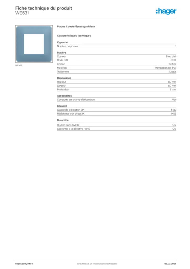 Image Hager Fiche technique du produit WE531 | Hager Afrique