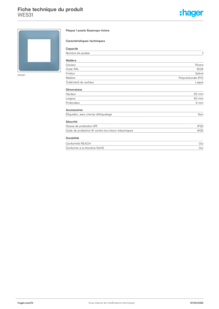 Image Hager Fiche technique du produit WE531 | Hager France