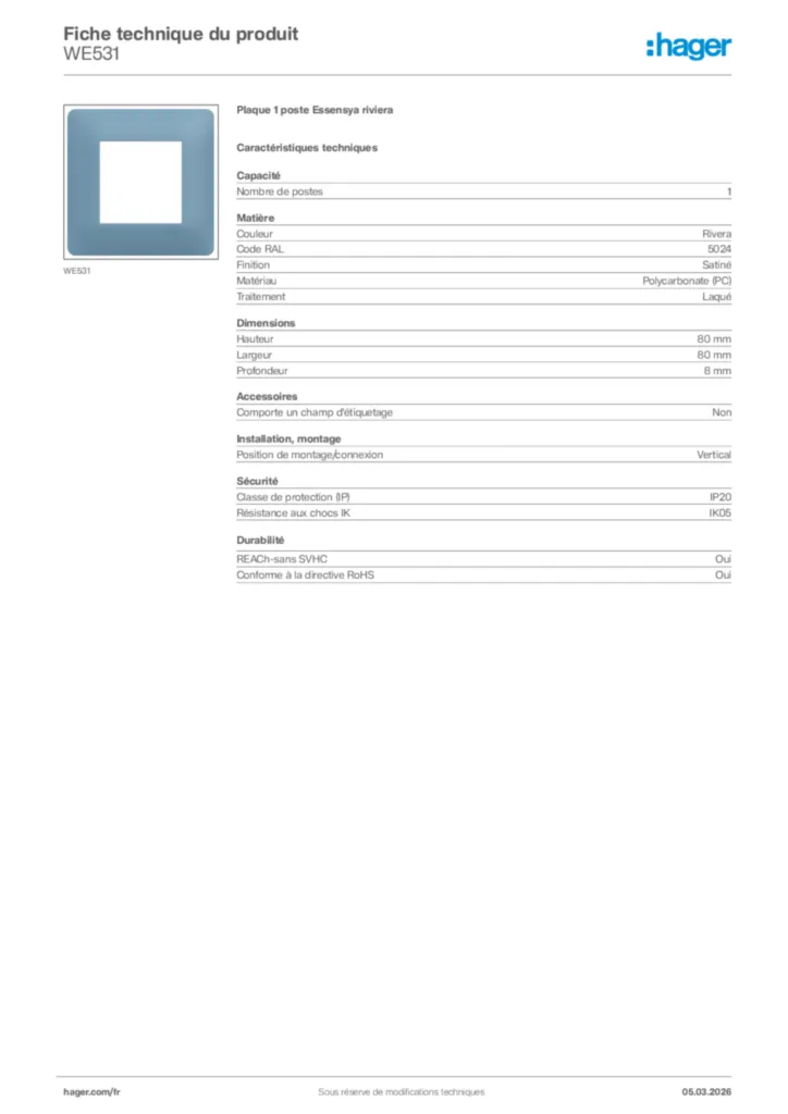 Image Hager Fiche technique du produit WE531 | Hager France