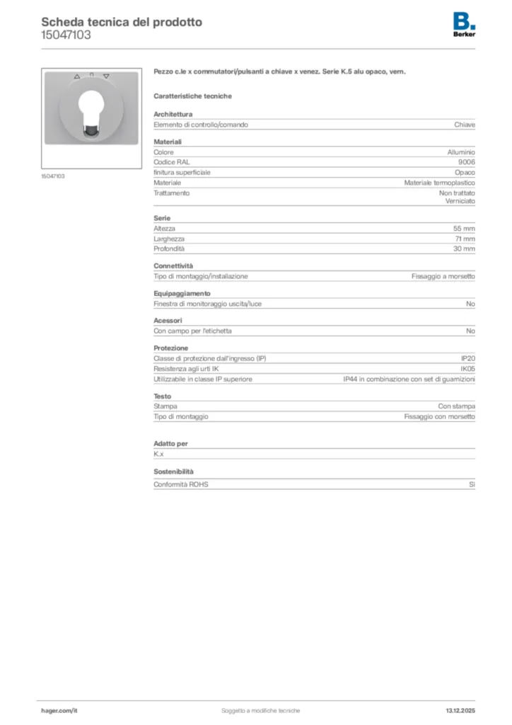 Immagine Berker Scheda tecnica del prodotto 15047103 | Hager Italia