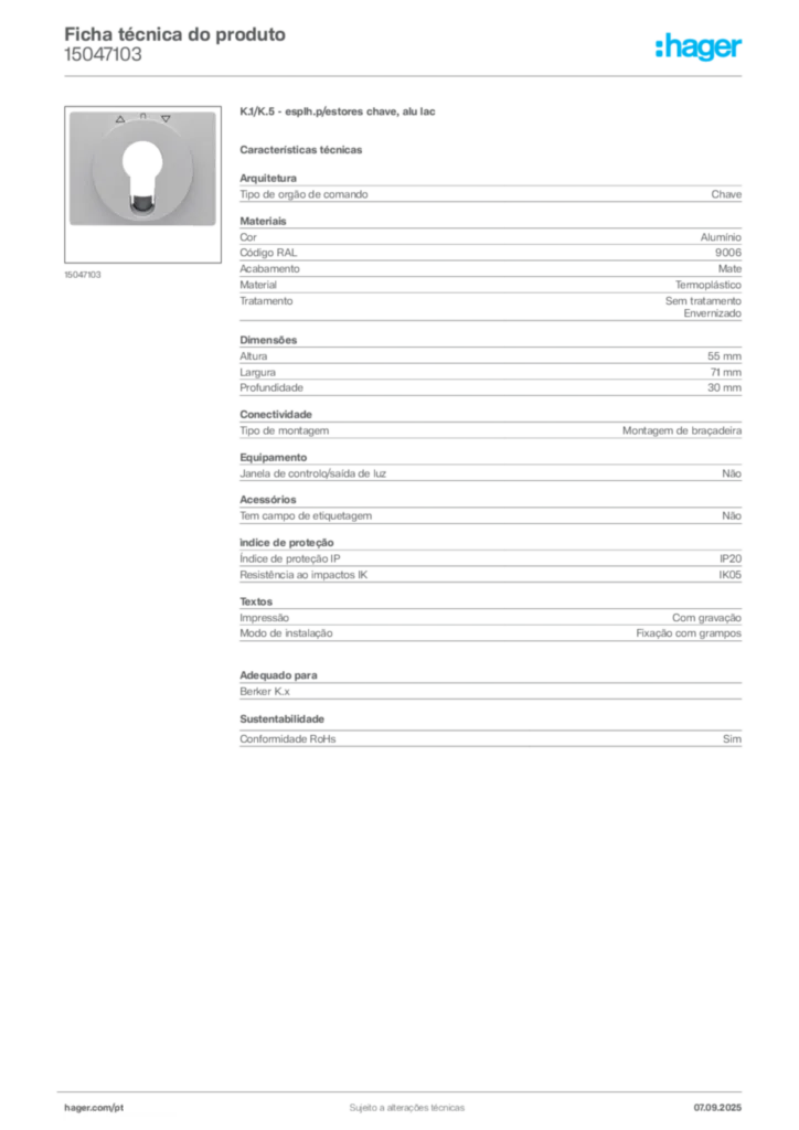 Imagem Hager Ficha técnica do produto 15047103 | Hager Portugal