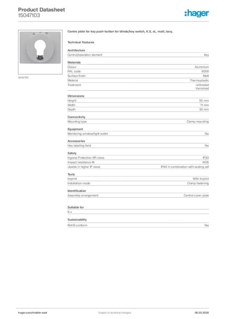 Image Hager Product data sheet 15047103  | Hager