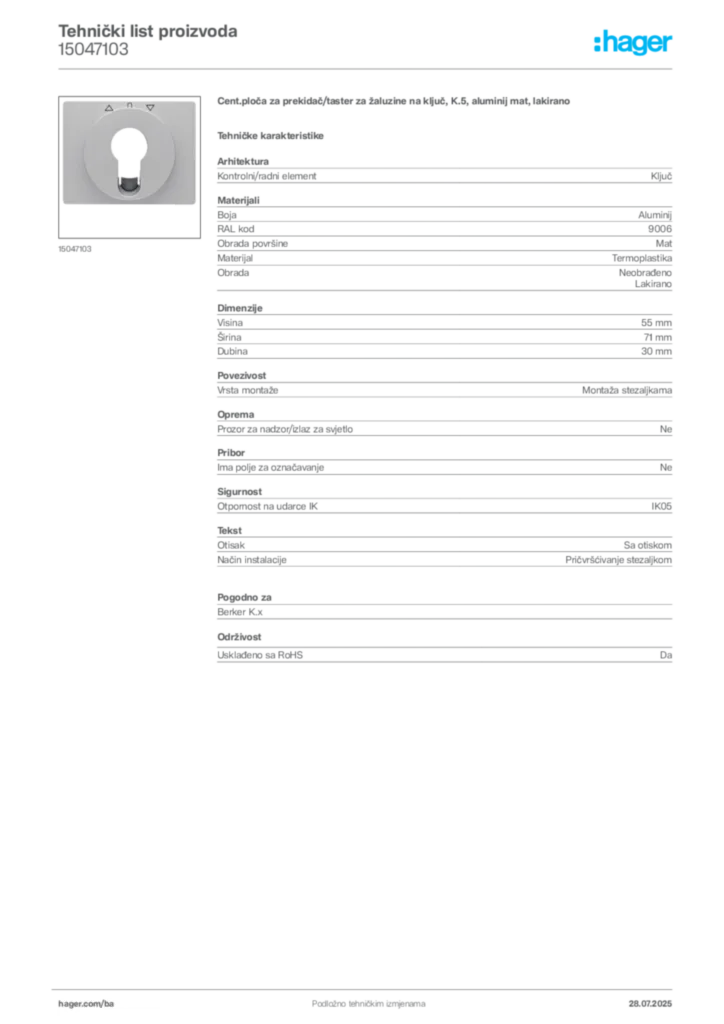 Slika Hager Product data sheet 15047103  | Hager