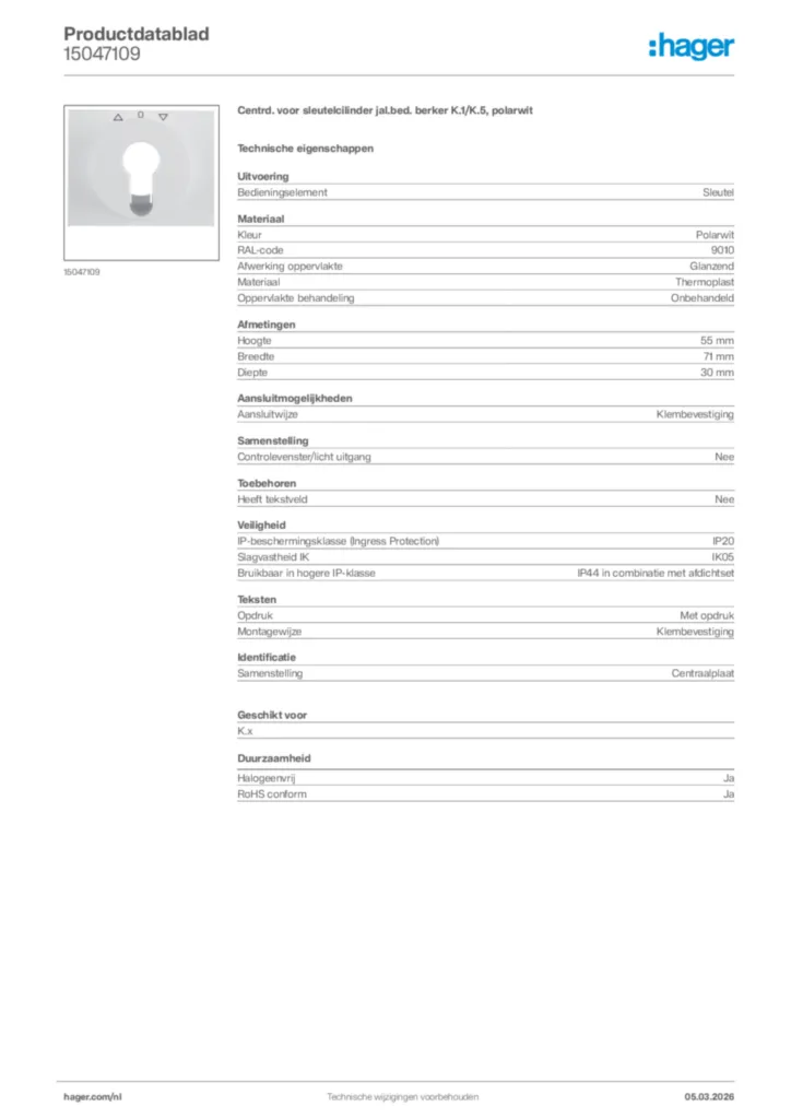 Afbeelding Hager Productdatablad 15047109 | Hager Nederland