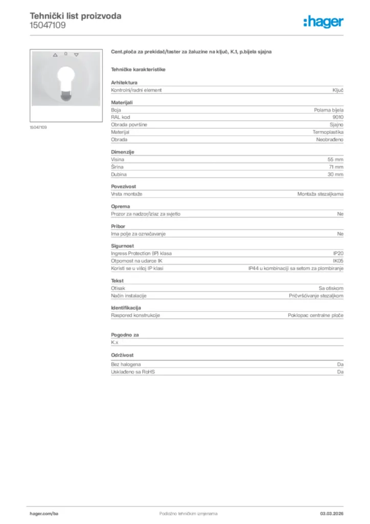 Slika Hager Tehnički list proizvoda 15047109  | Hager