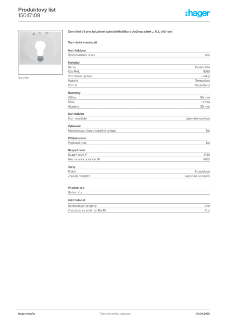 Obrázek Hager Produktový list 15047109 | Hager