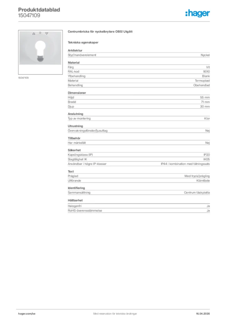 Bild Hager Produktdatablad 15047109 | Hager Sverige