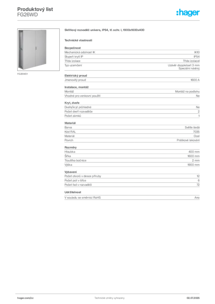 Obrázek Hager Product data sheet FG26WD | Hager