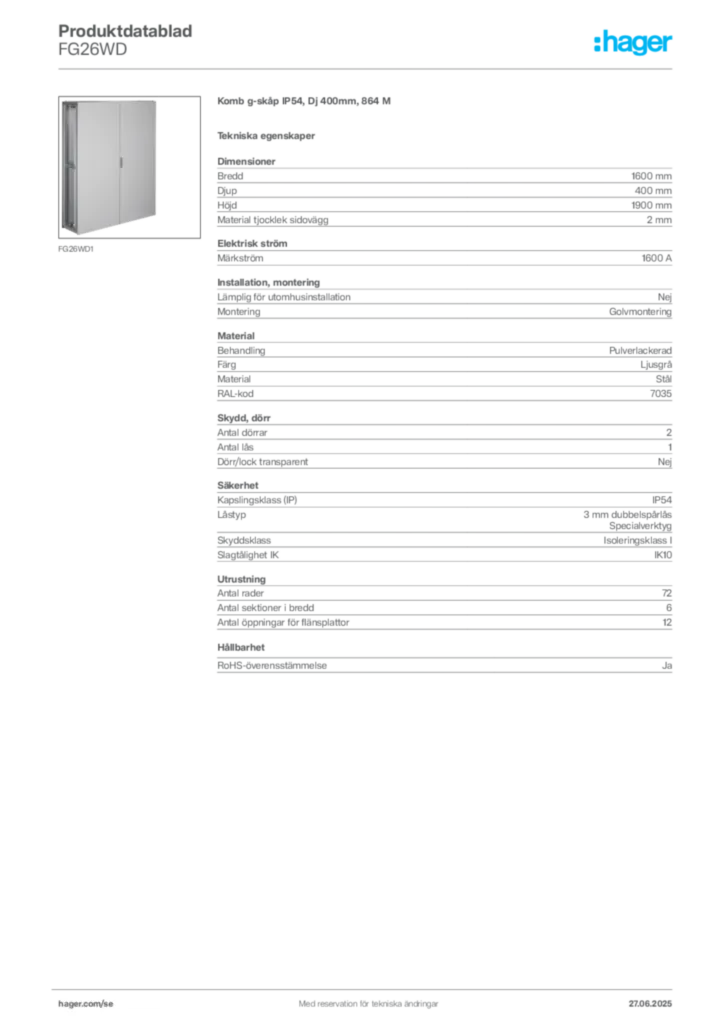 Bild Hager Produktdatablad FG26WD | Hager Sverige