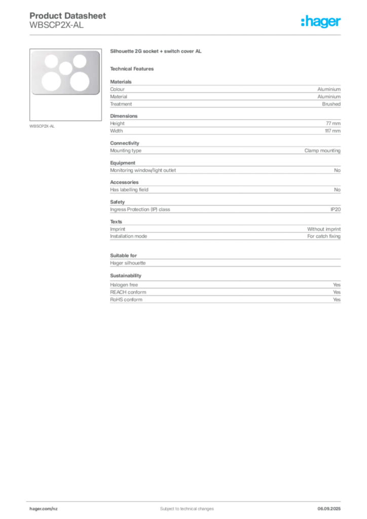 Image Hager Product data sheet WBSCP2X-AL  | Hager New Zealand