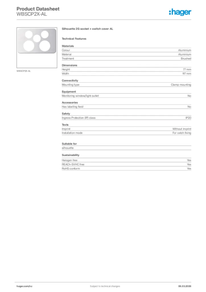 Image Hager Product data sheet WBSCP2X-AL  | Hager New Zealand