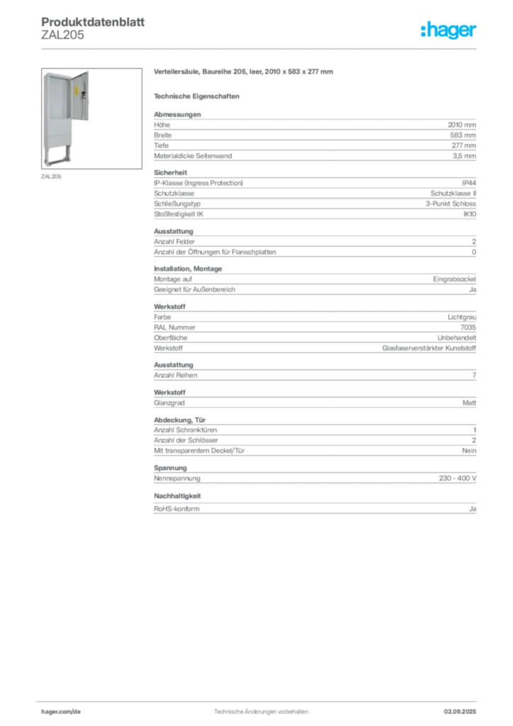Bild Hager Produktdatenblatt ZAL205 | Hager Deutschland
