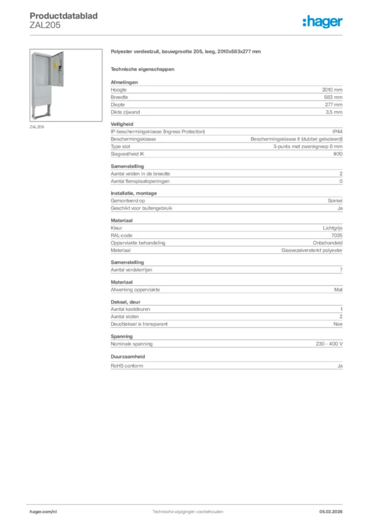 Afbeelding Hager Productdatablad ZAL205 | Hager Nederland