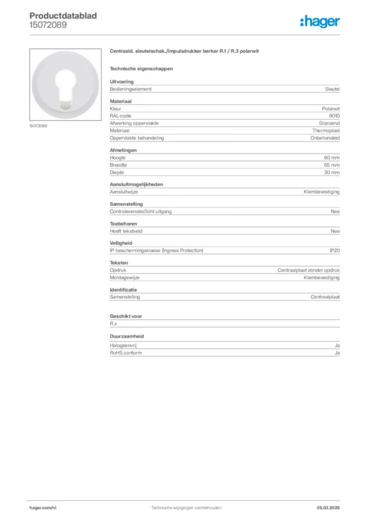 Afbeelding Hager Productdatablad 15072089 | Hager Nederland