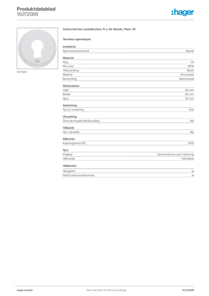 Bild Hager Produktdatablad 15072089 | Hager Sverige