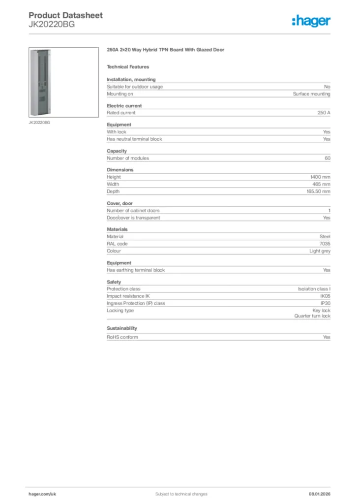 Image Hager Product data sheet JK20220BG  | Hager
