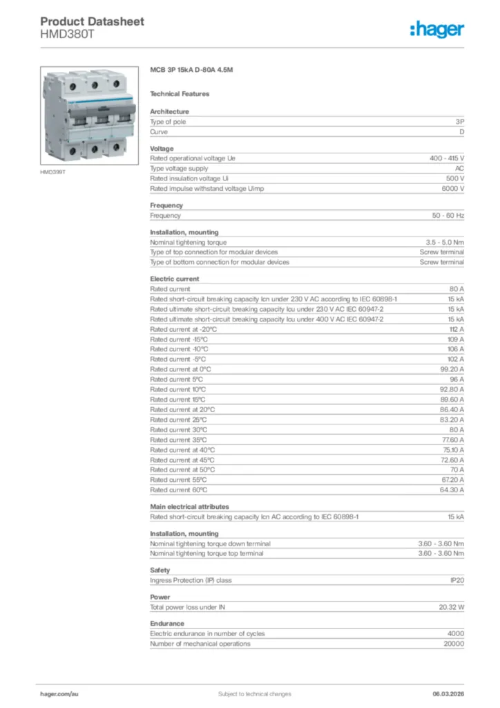 Image Hager Product data sheet HMD380T  | Hager Australia
