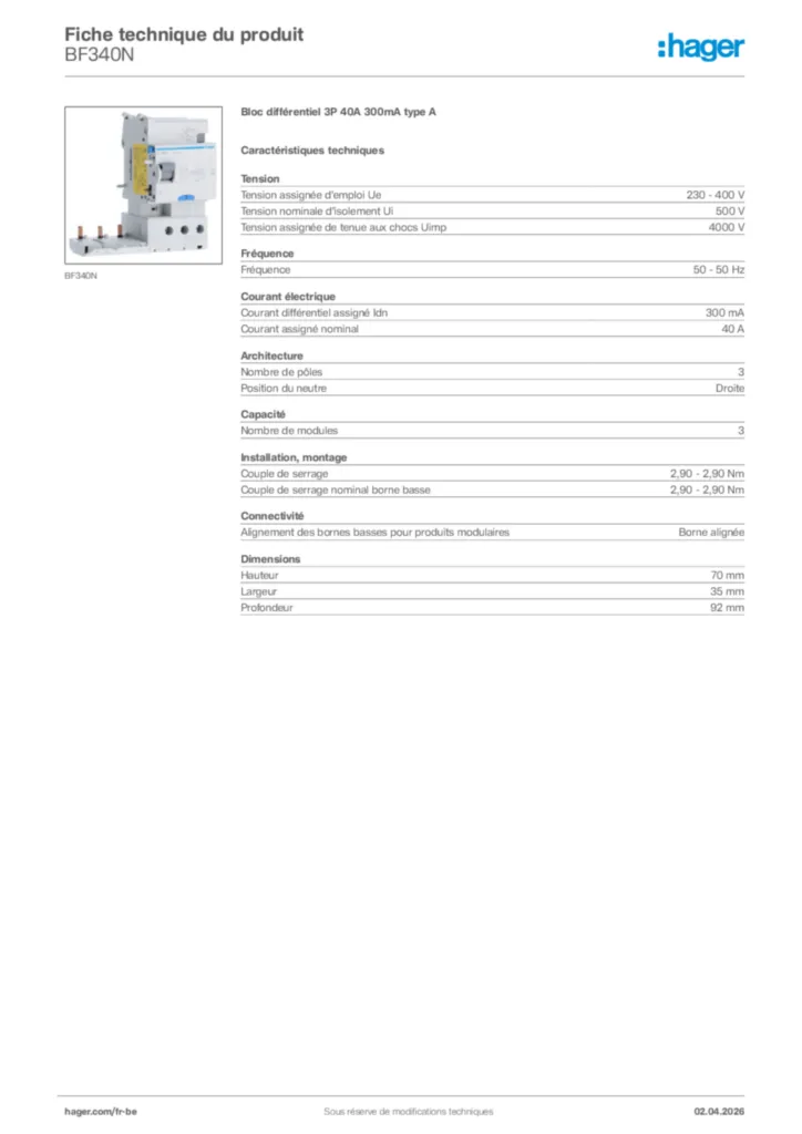 Image Hager Fiche technique du produit BF340N | Hager Belgique