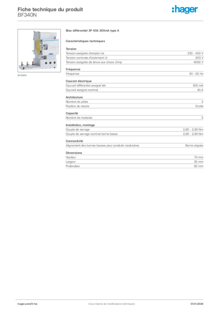 Image Hager Fiche technique du produit BF340N | Hager Belgique