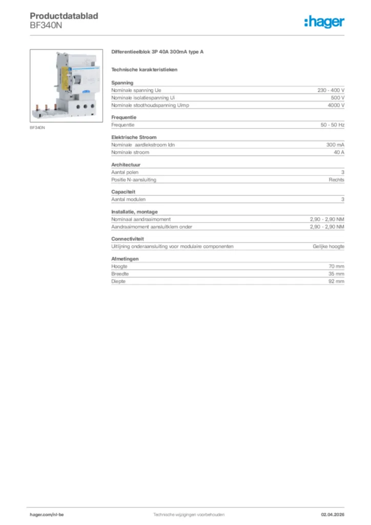Afbeelding Hager Productdatablad BF340N | Hager Belgium