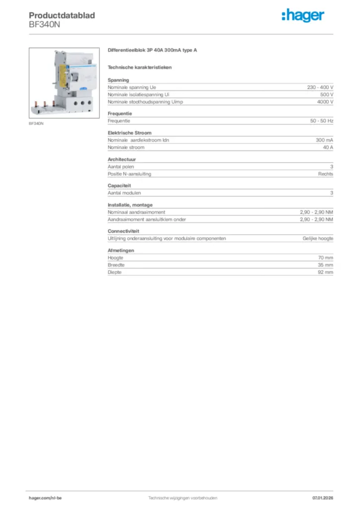 Afbeelding Hager Productdatablad BF340N | Hager Belgium