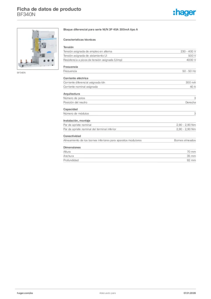 Imagen Hager Ficha de datos de producto BF340N | Hager España