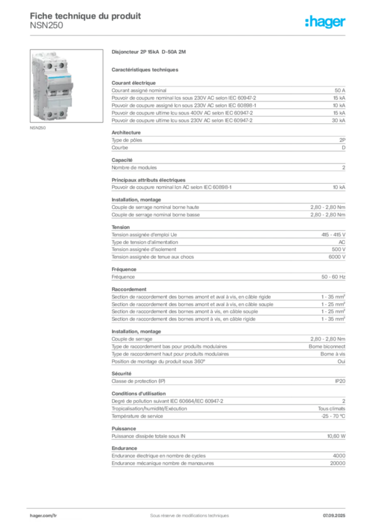 Image Hager Fiche technique du produit NSN250 | Hager France
