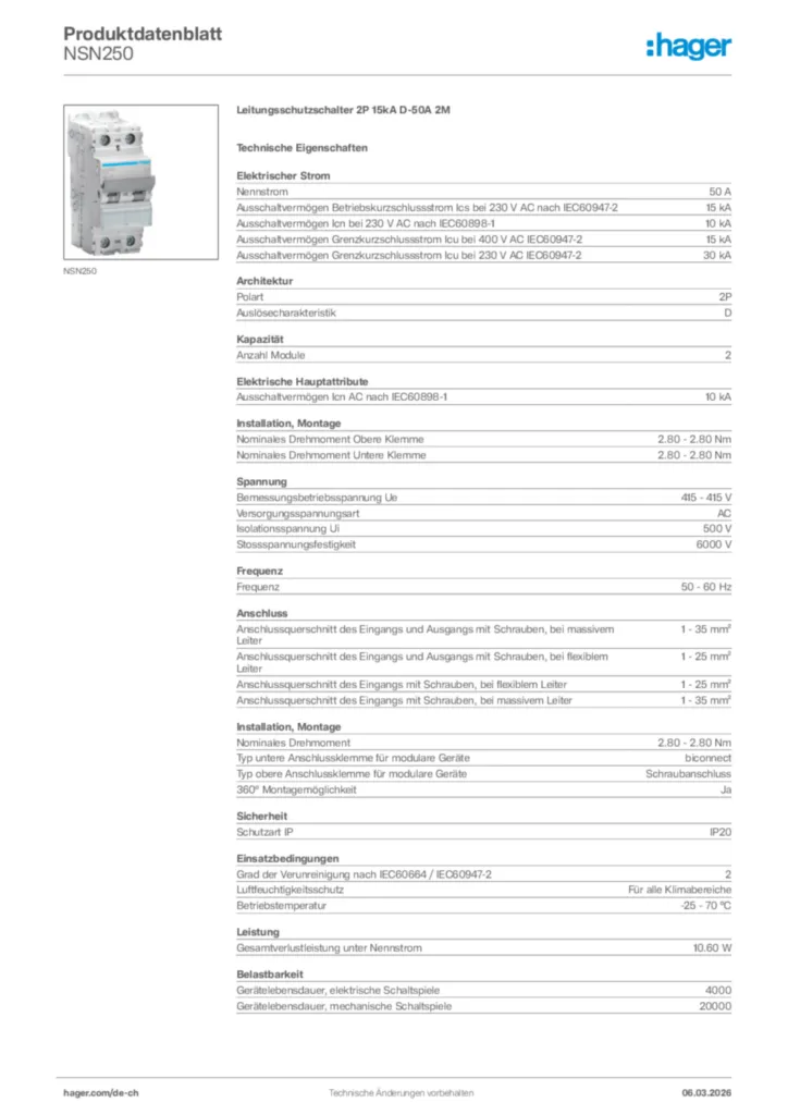 Bild Hager Produktdatenblatt NSN250 | Hager Schweiz