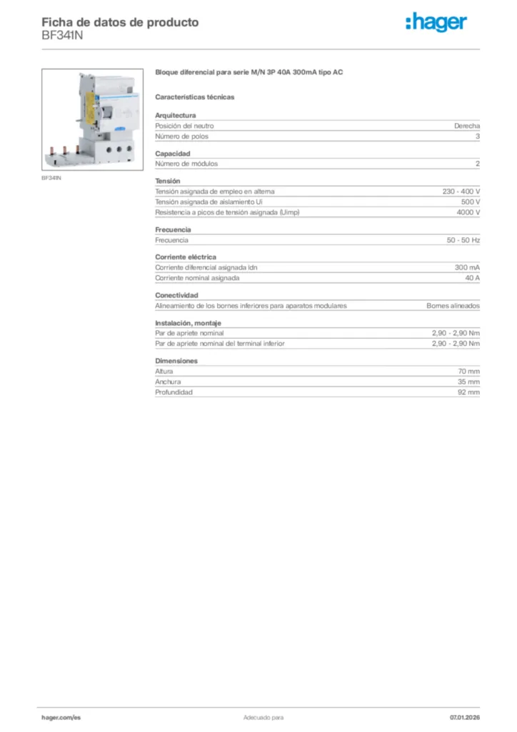 Imagen Hager Ficha de datos de producto BF341N | Hager España
