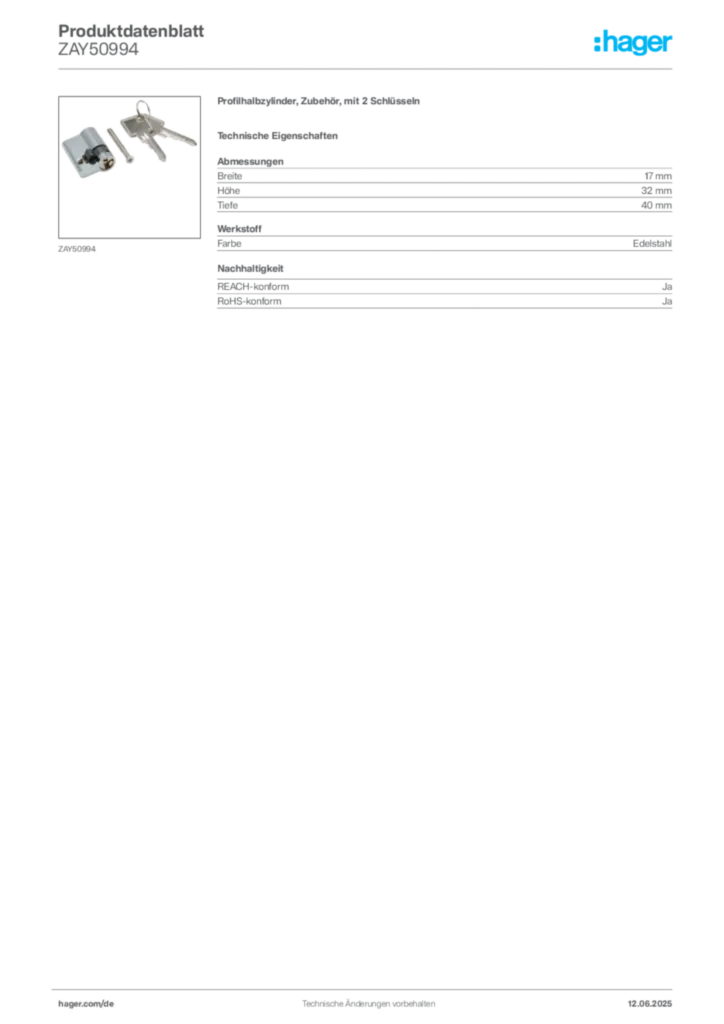 Hager Produktdatenblatt ZAY50994